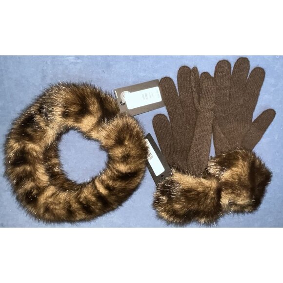 NEW Preston and York Womens Faux Fur Knit Gloves Matching Headband Sable Mink - Picture 1 of 5